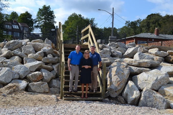 Brookhaven Highway Superintendent Daniel Losquadro, Councilwoman Jane Bonner, and Congressman Lee Zeldin inspect the Rocky Point shoreline stabilization project.