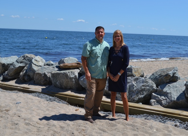 (left) Brookhaven Superintendent of Highways Daniel P. Losquadro and Councilwoman Jane Bonner; crews work to install bulkhead and replace gabion baskets.